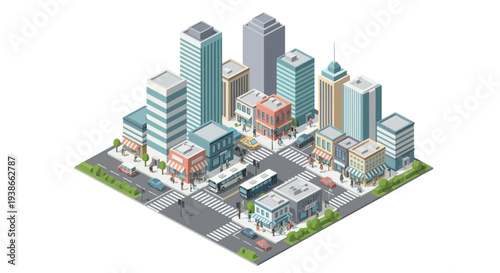 isometric cityscape with modern buildings and streets