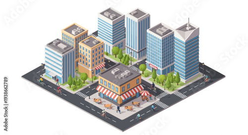 isometric cityscape with modern buildings and busy street