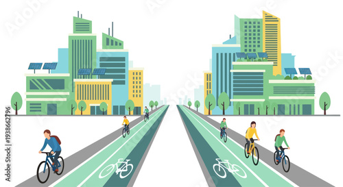 city bike lanes, cyclists riding on green road