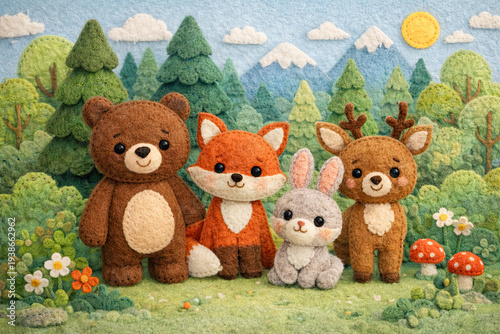 Cute Woodland Animal Characters in Forest Scene