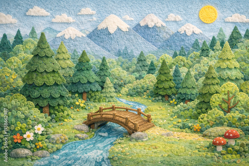 Clay Style Forest Landscape with Wooden Bridge and River