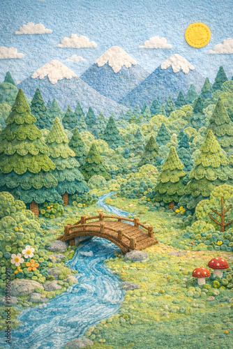 Cute Clay Forest Landscape with Wooden Bridge and Mountain River
