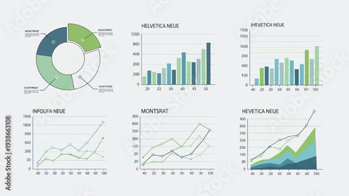 Collection of various business data charts and graphs on light background.