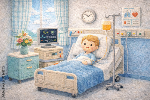 Child Patient Resting in Hospital Bed with IV Drip and Monitor