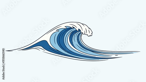 Stylized ocean wave with blue water and white foam.