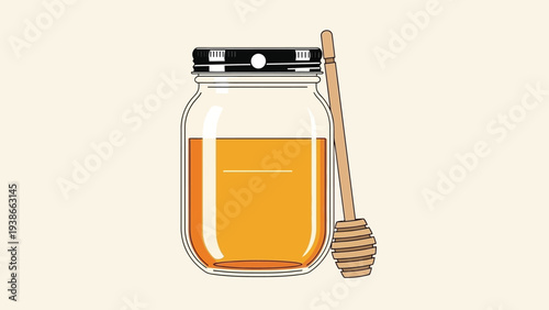 Jar of golden honey with a wooden dipper