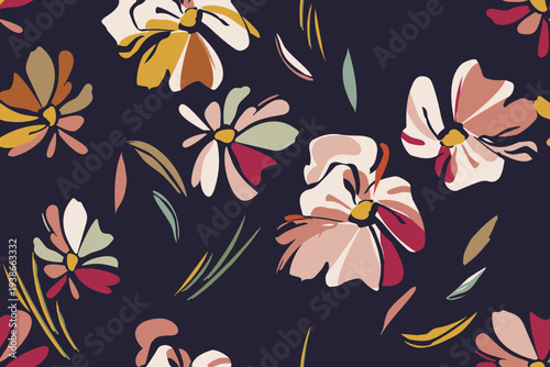 Canvas Print Seamless floral pattern with hand drawn abstract flowers and leaves on dark background