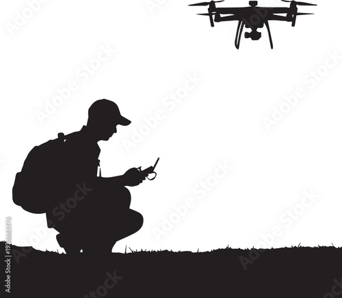 Silhouette of a Professional Drone Pilot Operating a Quad copter with Remote Control in Nature