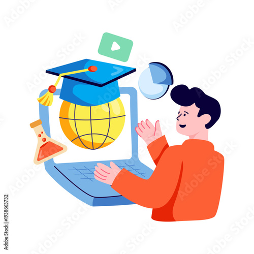 Globe with mortarboard, flat design of global graduation 