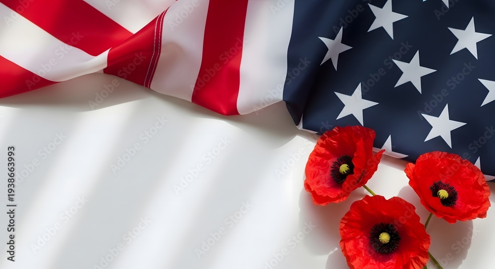 Fototapeta premium Memorial day tribute honoring fallen heroes with american flag and poppies on patriotic background