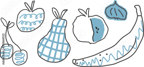 monochrome patterned fruits set in hand drawn style in vector. Elements for stickers decoration design mail posts postcards poster print invitation