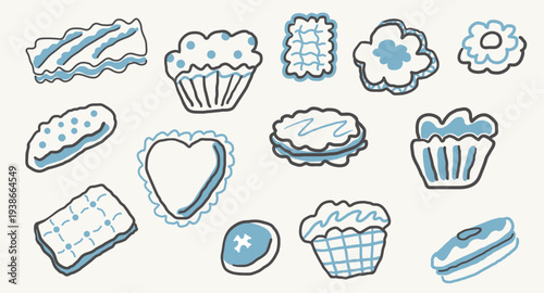 cookies and sweets set in hand drawn style in vector. Elements for stickers decoration design mail posts postcards poster print invitation