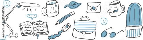 doodle set of stationery and cute stuff for school and education in hand drawn. Elements for stickers decoration design mail posts postcards poster print invitation