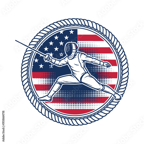 Fencer in action with american flag background sports icon with rope border