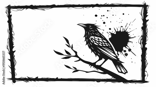 Bird perched on branch with splatter frame