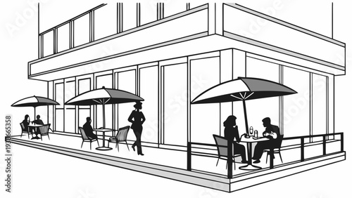 Modern outdoor cafe with people dining under umbrellas