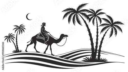 Person riding camel through desert landscape at night