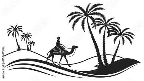 Man riding camel through desert landscape with palm trees