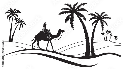 Man riding camel through desert landscape with palm trees