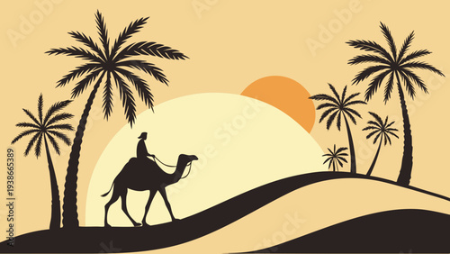 Man riding camel through desert landscape with palm trees at sunset