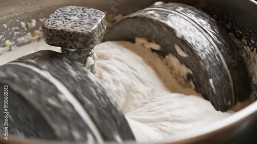 Traditional Wet Grinder Machine Grinding Lentils into Smooth Paste for Indian Cuisine Preparation Soft Focus Close Up on Stone Rollers and White Batter in Metal Bowl