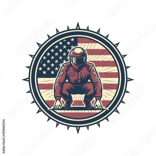 American racing driver in red suit and helmet with usa flag background