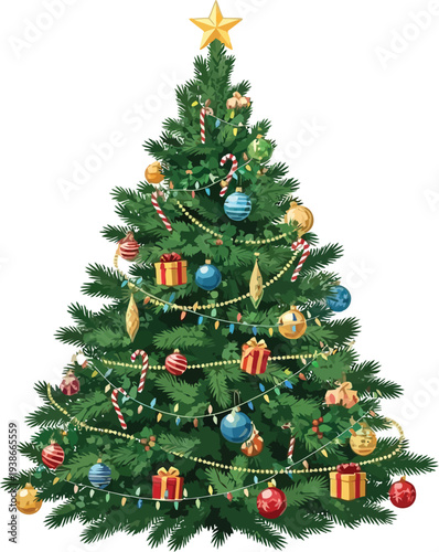 Classic green Christmas fir tree decorated with ornaments, lights,.
