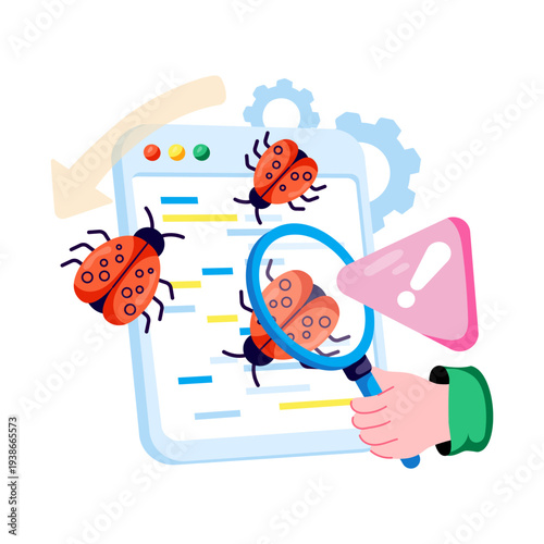      Virus under magnifying glass, software testing illustration 