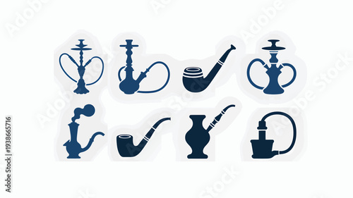 A clean and modern vector illustration featuring a collection of hookahs and pipes in different styles, set against a light background.
