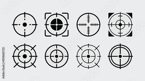 A set of eight black and white vector target icons with various crosshair designs on a light gray background, ideal for use in graphic design, illustration, and digital art.