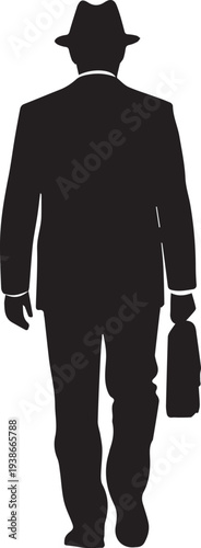 Full Length Rear View Silhouette of a Businessman in Suit and Fedora Hat Walking with Briefcase