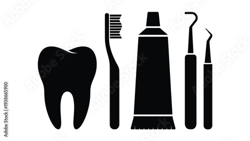 A clean vector illustration featuring a tooth, toothbrush, toothpaste, and dental tools on a white background, conveying oral hygiene and health.
