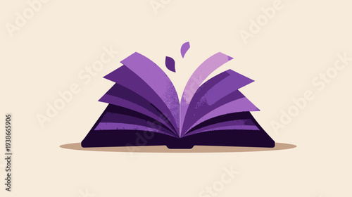 A digitally rendered open book with purple pages and two leaf-like shapes rising above
