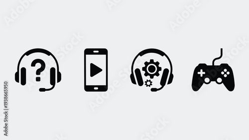 A clean vector illustration featuring four gaming and audio related icons including headphones with a question mark, a smartphone with a play button, headphones with gears, and a game controller.