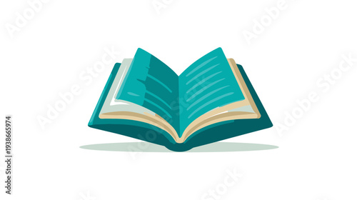 A simple, open book with a teal cover and pages against a white background with a shadow