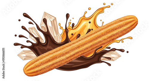 A delicious eclair with caramel and chocolate splashing, viewed from above on a clean white background, showcasing a tasty dessert