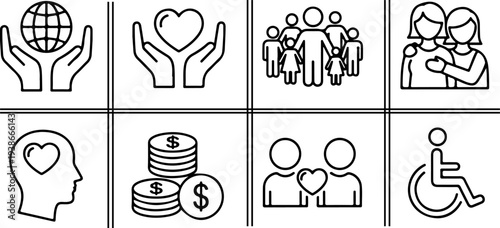 Social responsibility and global support icon set featuring people care, financial aid and charitable assistance symbols. Vector illustration for community and humanitarian concepts