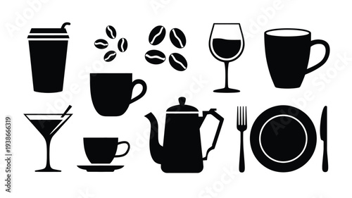 A clean and modern vector illustration featuring a collection of black silhouettes including a coffee cup, wine glass, teapot, plate, and cutlery on a white background.