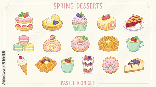 A delightful collection of pastel-colored spring desserts, including cakes, tarts, cupcakes, donuts, pies, macarons, and ice cream, presented as a charming icon set.