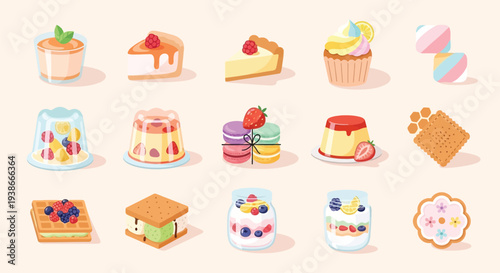 A delightful collection of various sweet desserts and pastries, including cakes, tarts, cupcakes, puddings, macarons, and cookies, arranged in a grid.