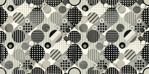 Abstract geometric patterns with diverse shapes and textures in monochrome Vector