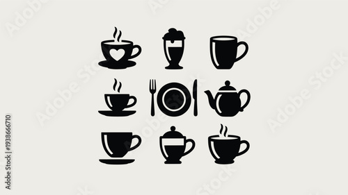 A set of black vector icons featuring various coffee and tea cups, utensils, and a plate on a clean background, ideal for cafe or restaurant branding