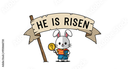 Easter Bunny Holding Sign with Cross Symbol.