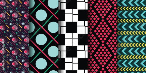 Colorful geometric patterns featuring circles, stripes, and shapes in vibrant hues.