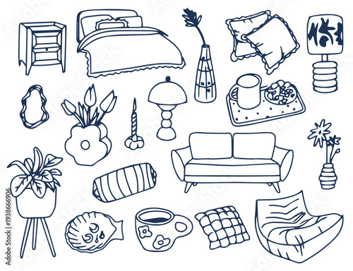 A set of hand-drawn items for coziness and comfort in the home in doodle style.