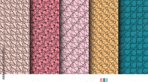 Colorful geometric patterns featuring intricate black lines on pastel backgrounds.