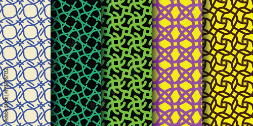 Colorful geometric patterns featuring vivid blue, green, pink, and yellow designs on a dark background.
