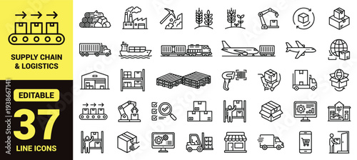 Supply chain and logistics icon set with raw materials, manufacturing, warehousing, transportation, tracking, delivery, and essential supply chain ranking symbols in clean modern line‑art vector style