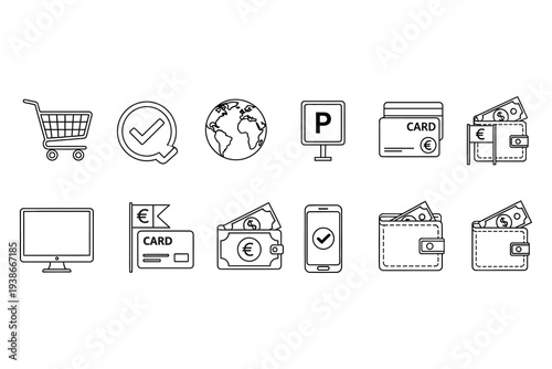 A collection of 12 black and white line drawings of various household and office icons