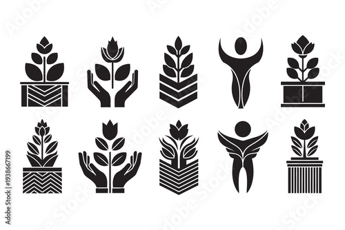 Collection of plant and human silhouettes in various poses and planters
